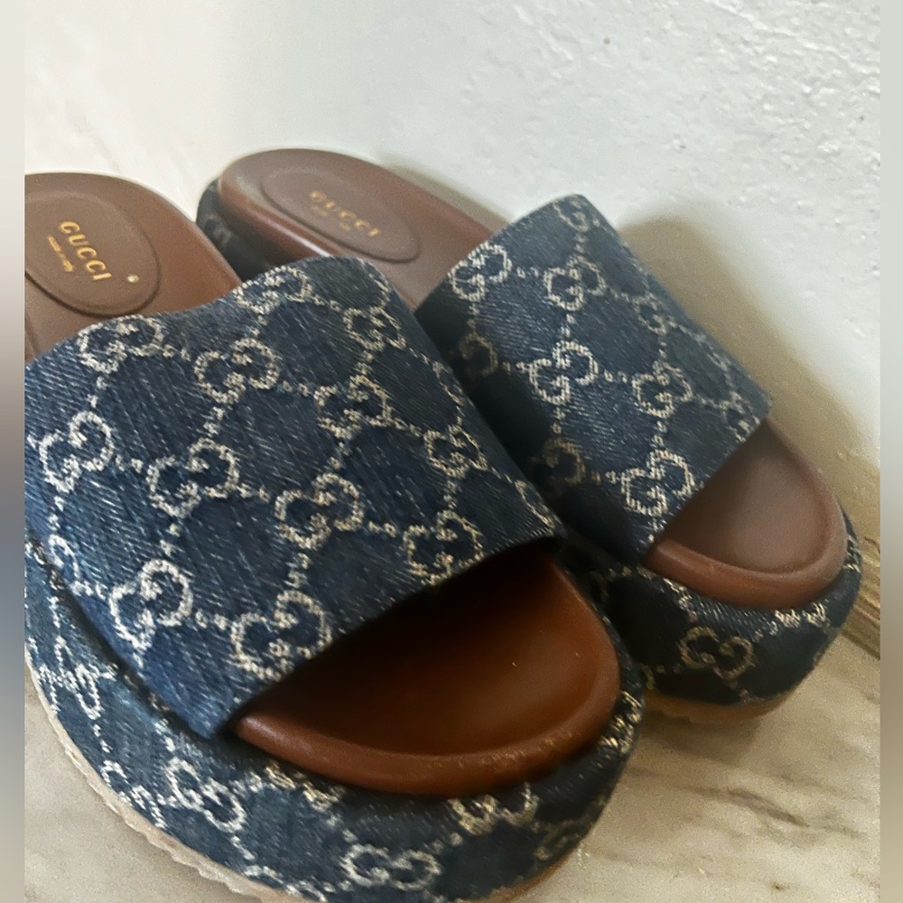 Gucci Blue Denim GG Logo Platform Slide Sandals